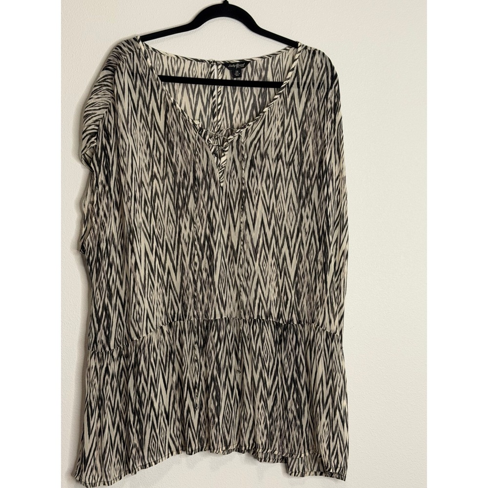 Lucky Brand Women Black White Sheer Ikat Lace Up V-Neck Peplum Tunic Blouse 2X